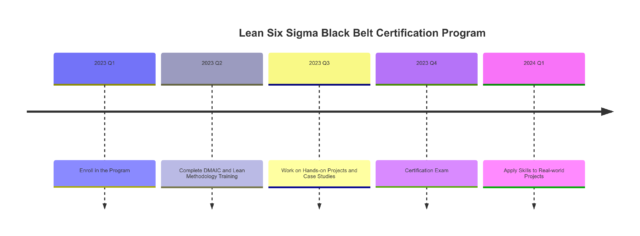 A horizontal timeline titled "Lean Six Sigma Black Belt Certification Program". The timeline spans from 2023 Q1 to 2024 Q1, showing five key stages in the certification process.2023 Q1: Enroll in the Program. 2023 Q2: Complete DMAIC and Lean Methodology Training. 2023 Q3: Work on Hands-on Projects and Case Studies. 2023 Q4: Certification Exam. 2024 Q1: Apply Skills to Real-world Projects. Each stage is represented by a colored block on the timeline.