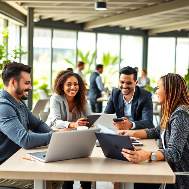 Group of professionals collaborating in a modern office environment, discussing strategies with laptops and tablets.